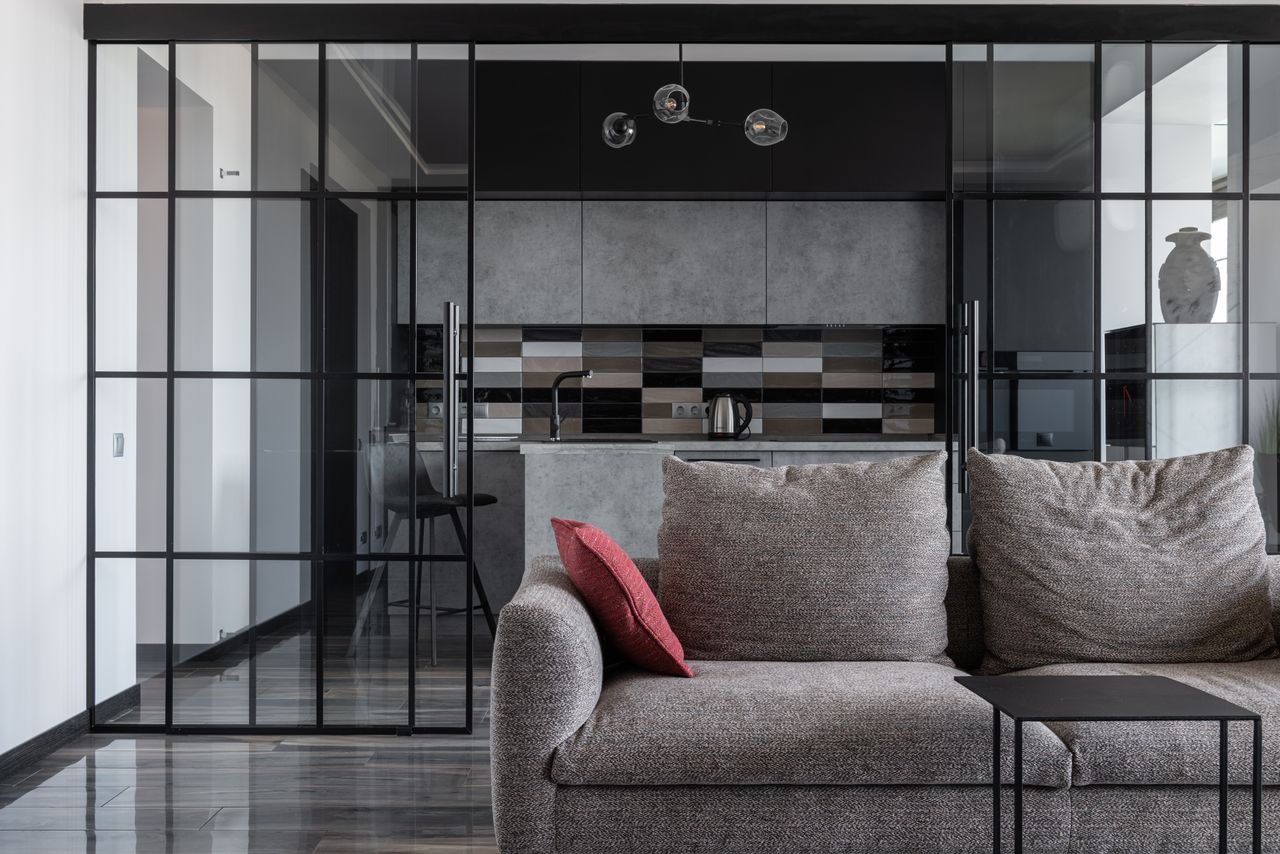 Contemporary living room with cozy sofa and open kitchen view.